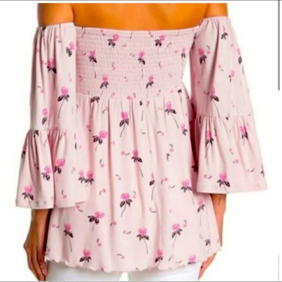 FREE PEOPLE BOHO PINK OFF THE SHOULDER TOP WITH FLOWING “BELL” SLEEVES - Picture 6 of 10